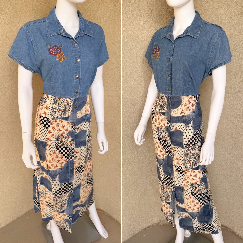 Vintage 90s Patchwork Denim Button Front Dress - image 3